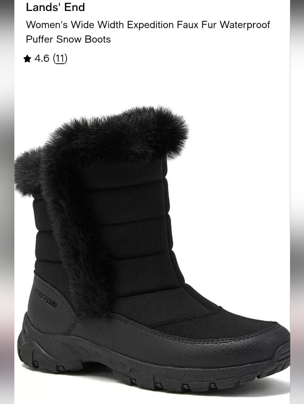 Lands' End Black Faux-Fur Waterproof Puffer Snow Boots